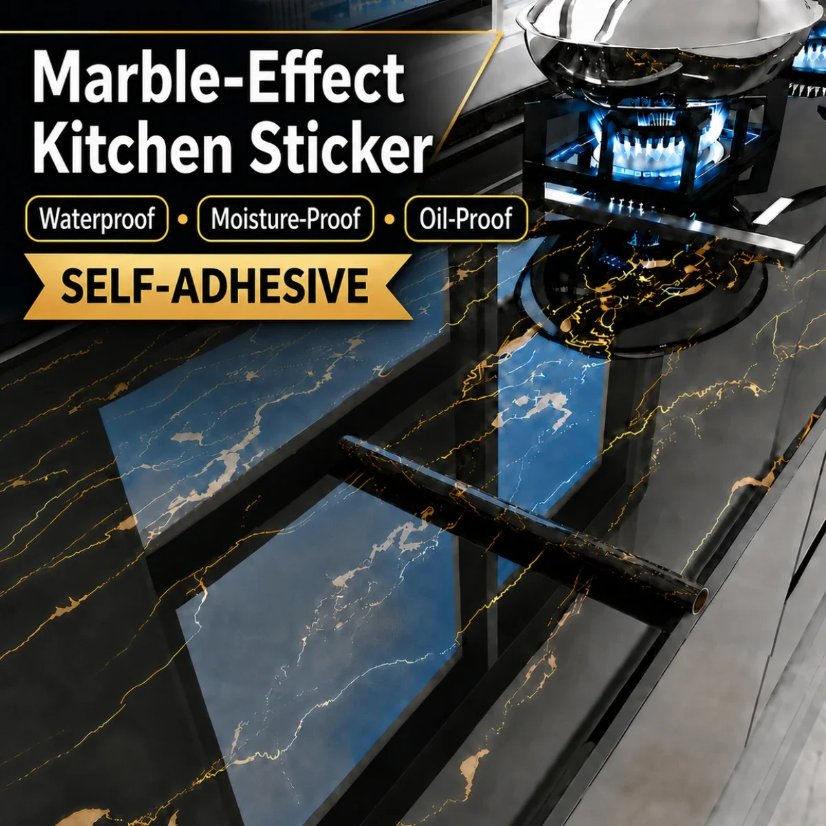 Black Gold Marble-Patterned Kitchen Sticker Heat-Resistant Oil-Proof Suitable For Kitchen Wall Furniture Tabletop Decoration.