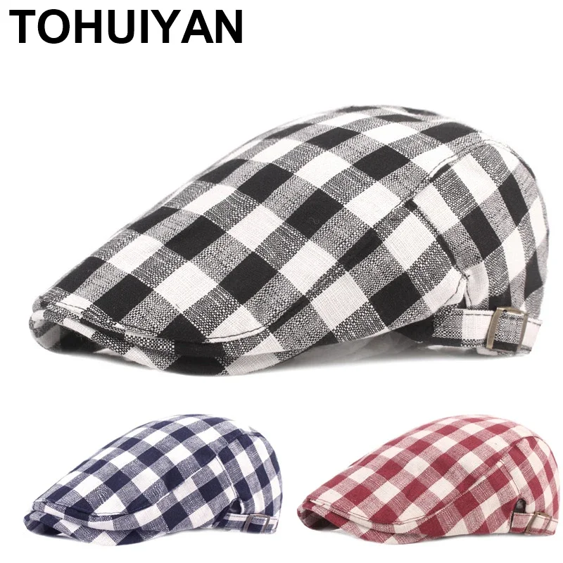 TOHUIYAN Plaid Cotton Newsboy Caps for Men Women Leisure Boinas Gatsby Hat Summer Sun Protection Golf Hats Driver Cabbie Cap