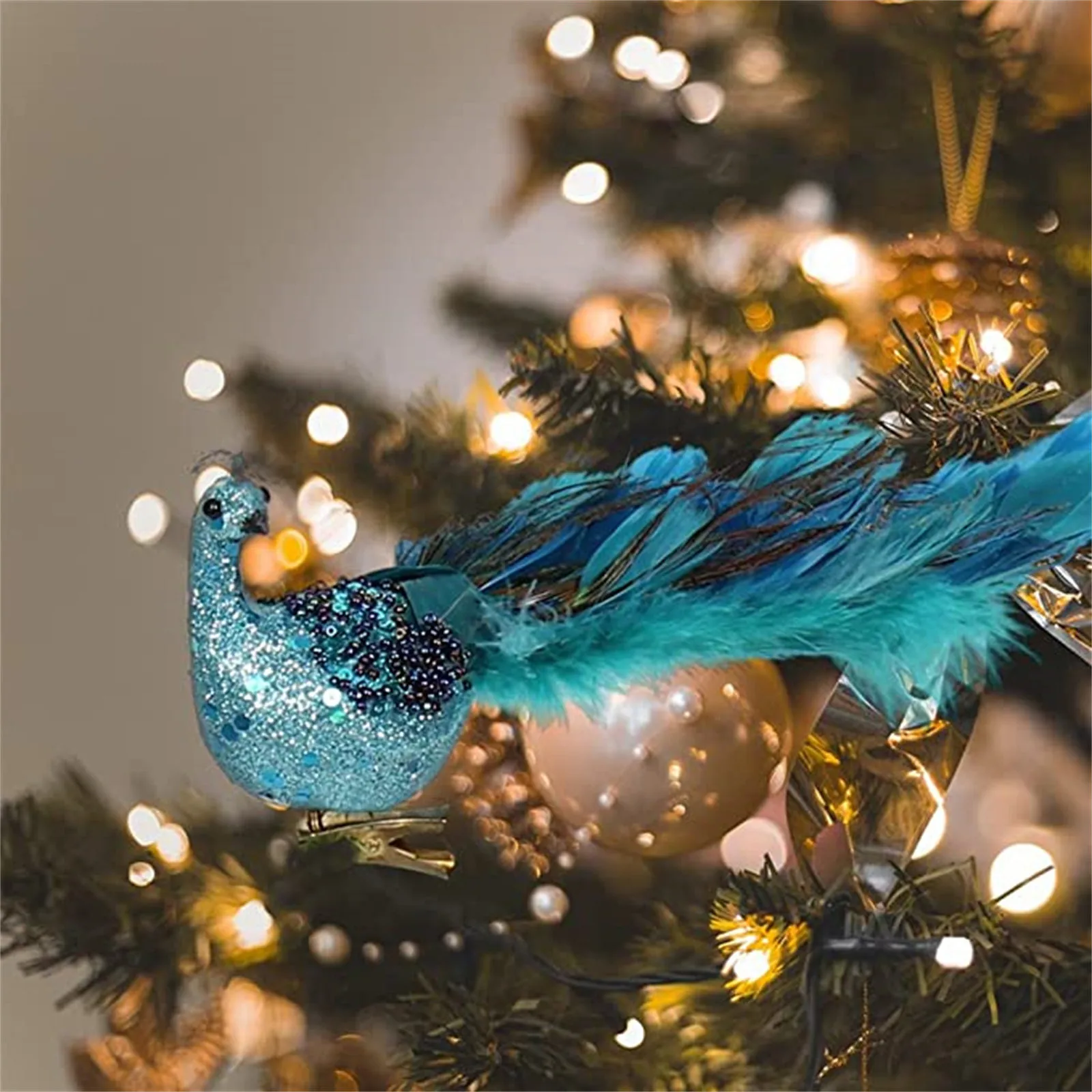 Christmas Decoration Faux Peacock Ornament Glitter Blue Peacock Ornaments With Tail Feather Clip-On Decor Set For Christmas Tree