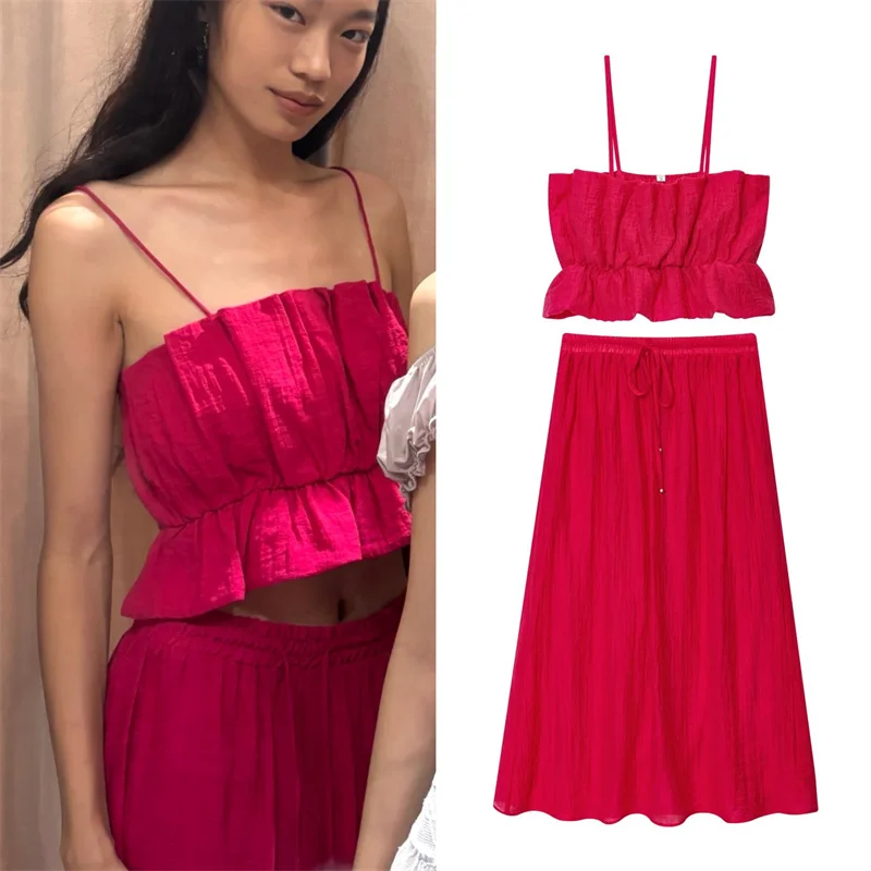 

2025 женский новый костюм, летний розово-красный короткий топ на подтяжках, комплект миди с юбкой, сексуальный модный пляжный стиль