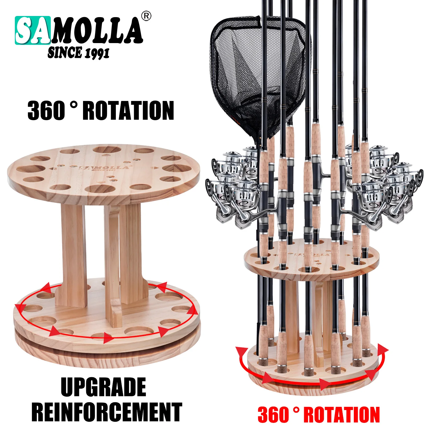 360 ° Rotation Wooden 12 Slots Round Fishing Rod Holder Upgrade And Strengthen Space Saving Storage Organizer Roove Fishing Gear