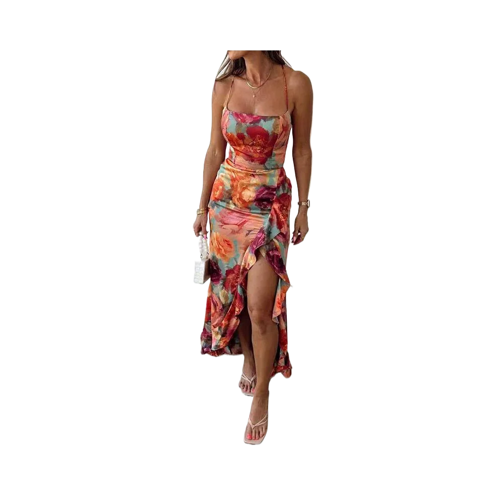 Casual mouwloze backless tie-up jurk zomer nieuwe laag uitgesneden geplooide avondjurk mode hete meisje onregelmatige bloemen bedrukte jurk - afbeelding 2