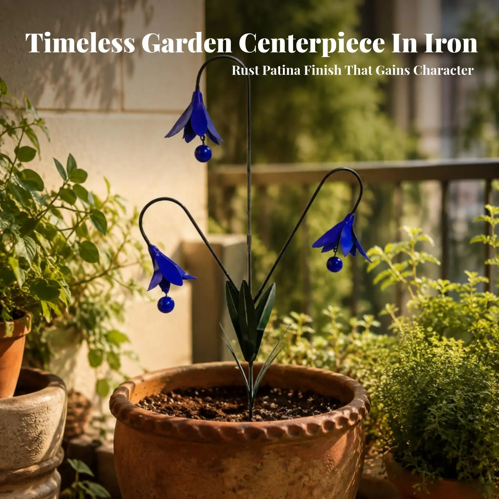 Decorative Iron Flower Stake | Botanical, Garden Stake with Bell, Easy to