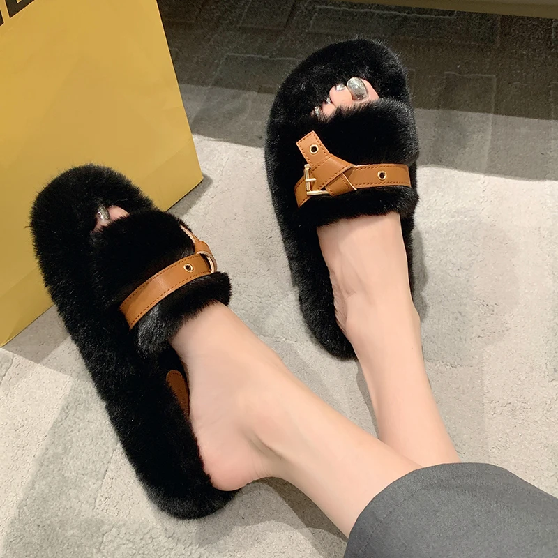 Slippers Women's Eyelet Buckled Fluffy Winter Slippers Winter Lady Thick Bottom Shoes Thick Flat Bottom Outerwear Plush Slippers