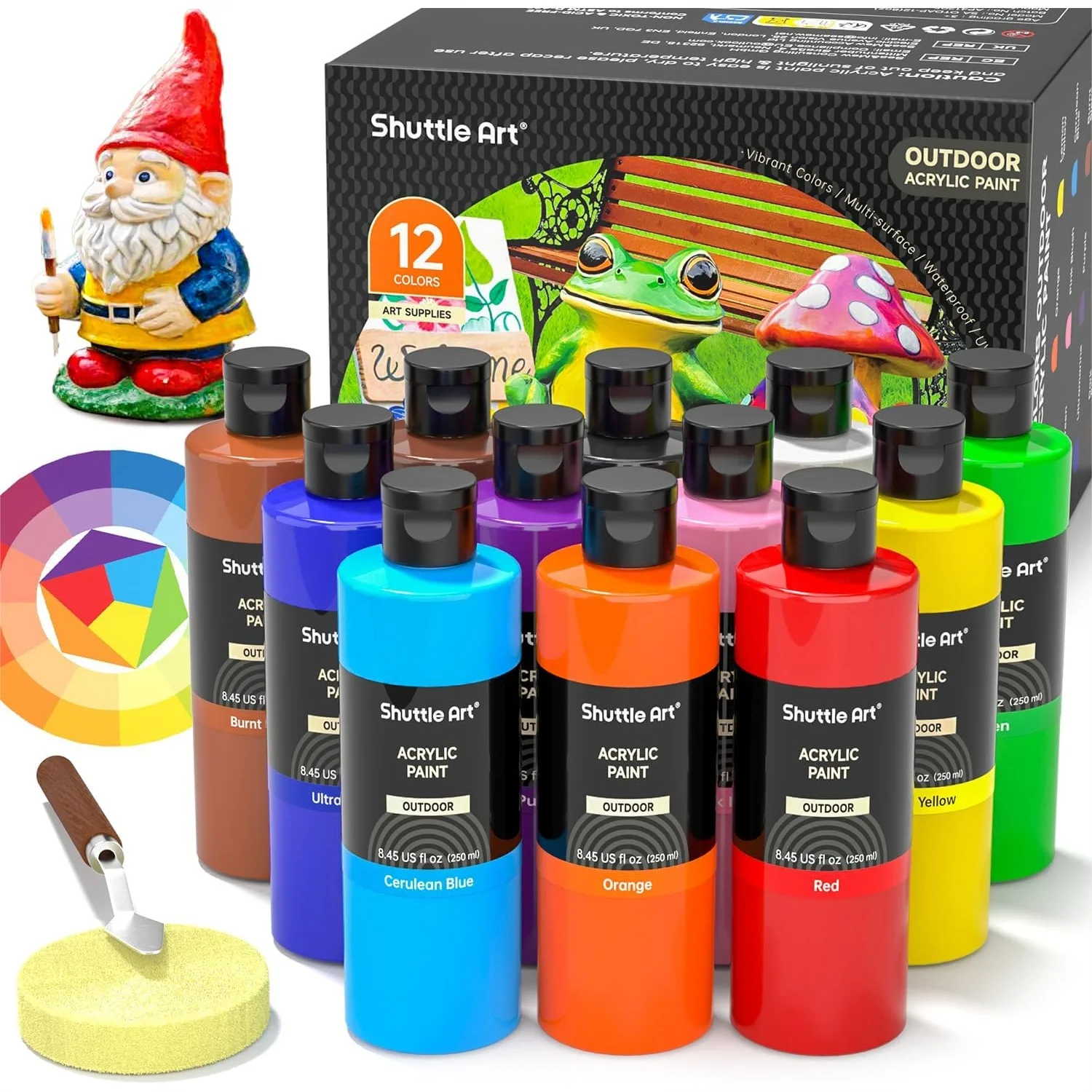 

Outdoor Acrylic Paint Set, 12 Colors Waterproof Paint, 8.45oz/250ml Large Bottles, Rich Pigmented Bulk for Artists, Beginners on