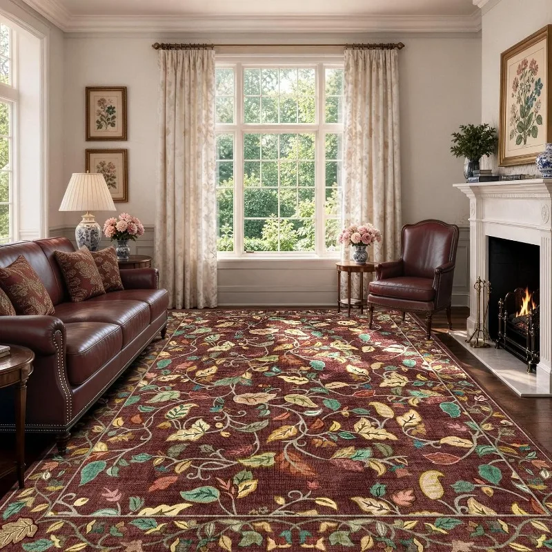 Vintage American Floral Rug Mid-Century Cream Style Large Carpet for Living Room Non-Slip Machine Washable Bedroom Floor Mat