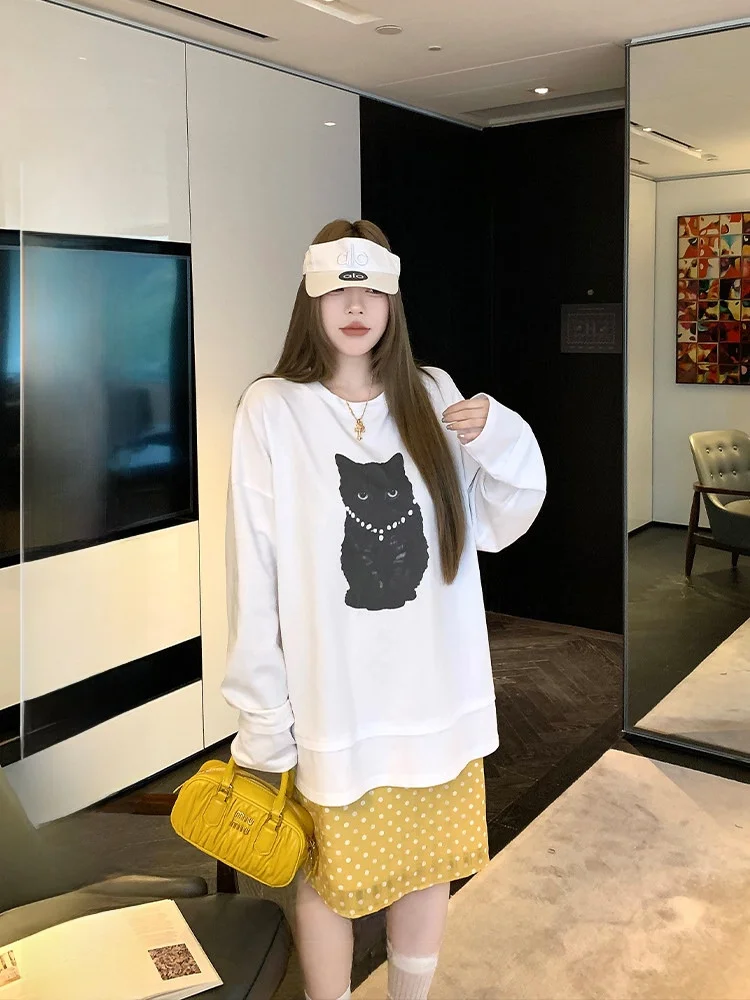 

Pure Cotton Long Sleeve Knitted Sweatshirt Women's Spring Autumn Loose Fit Printed T-Shirt Casual Comfortable Streetwear