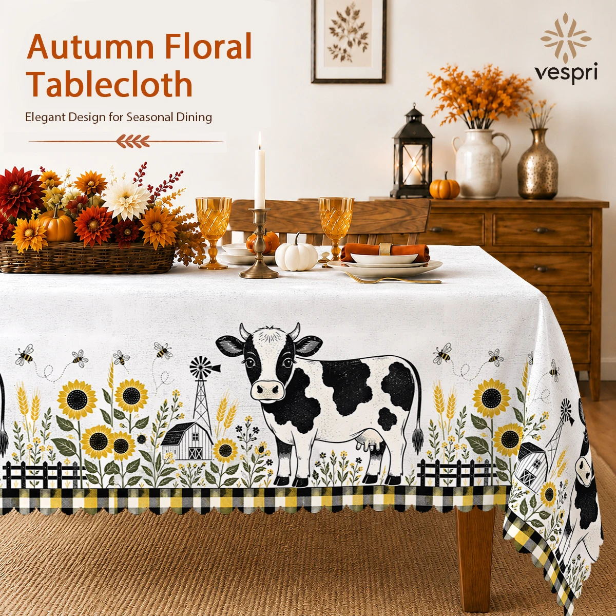 Farmhouse Tablecloth with Black and White Chickens, Cows for Indoor/Outdoor Camping decor, Rectangular/Round/Oval