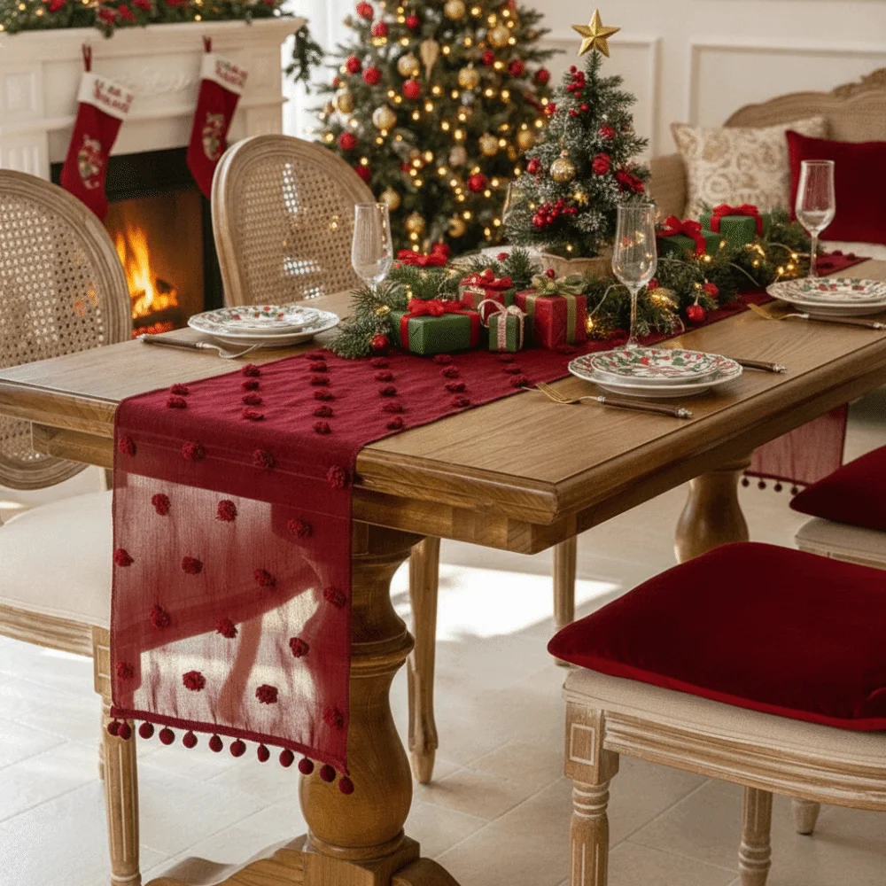 Nordic Style Lace Table Runner Gauze with 3D Pom-poms Dining Table Cloth French-style Rectangular Bookcase Cover Party