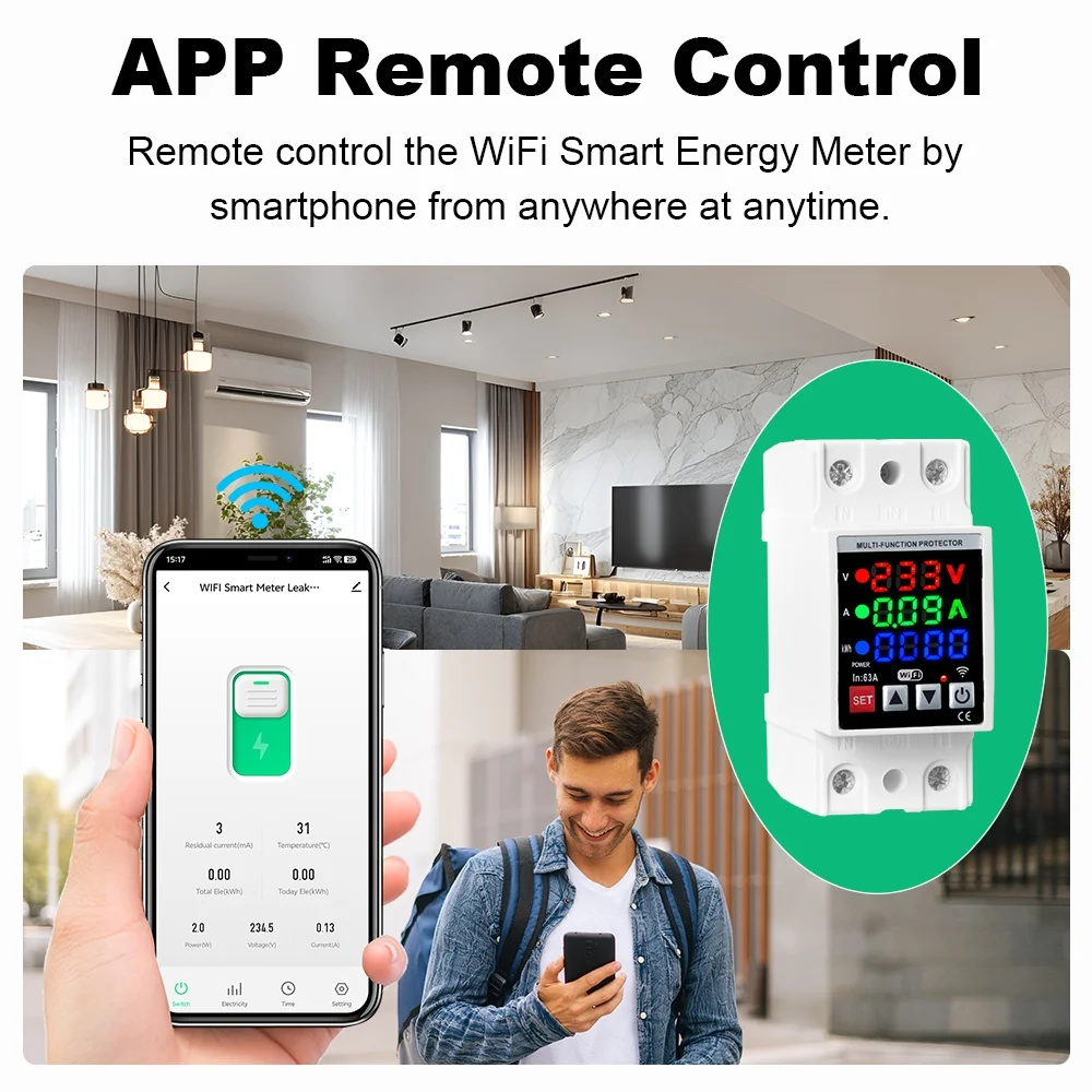 63A WIFI Smart Circuit Breaker Power Metering 3in1 Display DIN Rail Over Voltage And Under Voltage Protector Work With Tuya