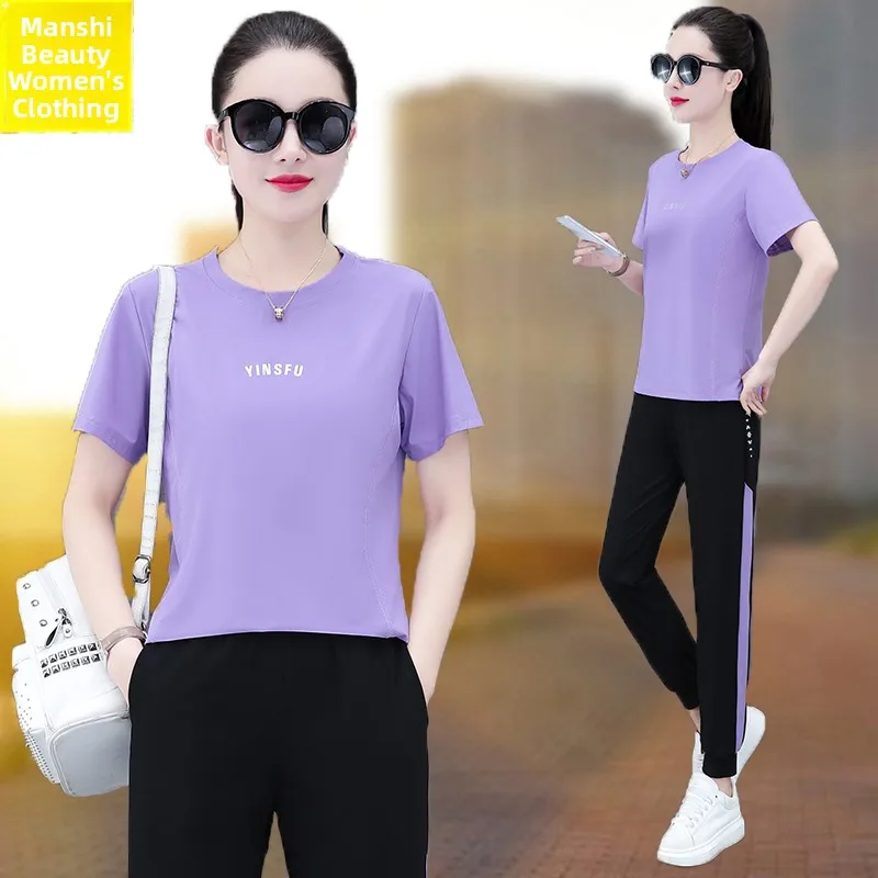 

Комплект спортивной одежды из ледяного шелка для женщин: летний, новый, повседневный, тонкий, для танцев, модный, больших размеров, с длинными брюками...