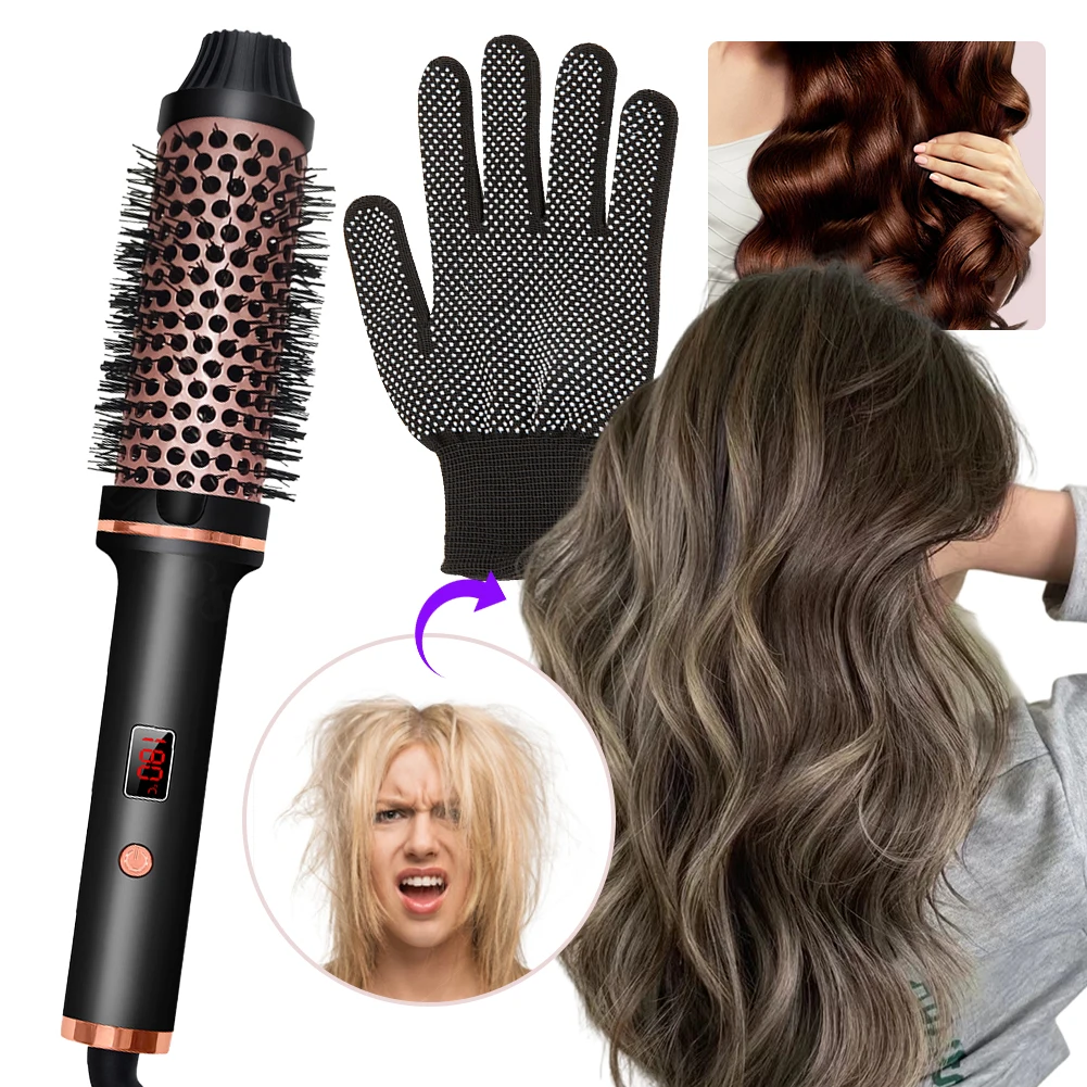 Curling Iron Brush with Anti-Heat Gloves Portable Hair Curler Comb LCD Display 5 Temperature Settings for Smooth Anti Frizz Hair