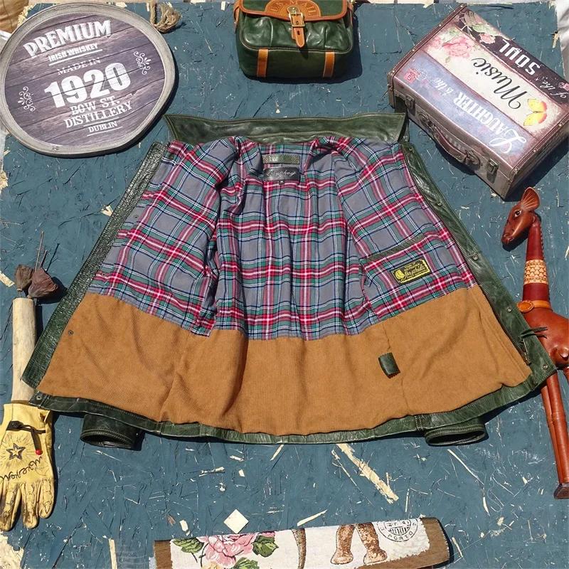 سترة من الجلد الطبيعي M65 باللون الأخضر العتيق على الطراز الأمريكي. معطف جلد الحصان عالي الجودة للرجال. قماش جلدي بمقاس كبير #3