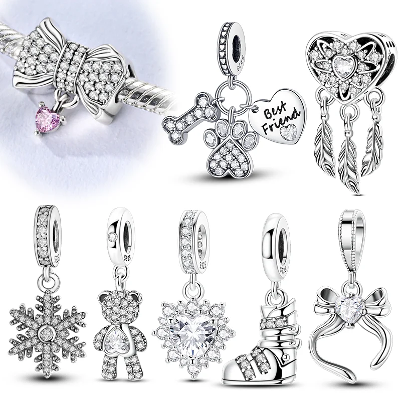 

Очаровательные бусины из стерлингового серебра 925 пробы с бантом в виде ботинок, подвески в виде снежинок, подходят для оригинального браслета 925, для женщин, изготовление ювелирных изделий своими руками, подарок