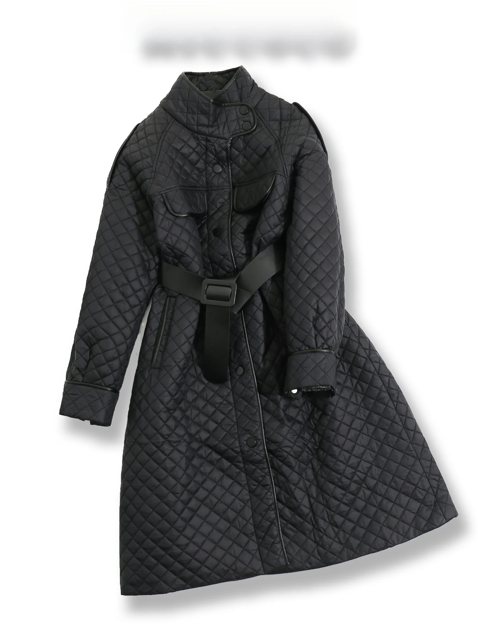 Elegant Long Lightweight Cotton Jacket Women's Waist-Cinching Winter Outerwear Street Style Stand Collar Single Button Closure