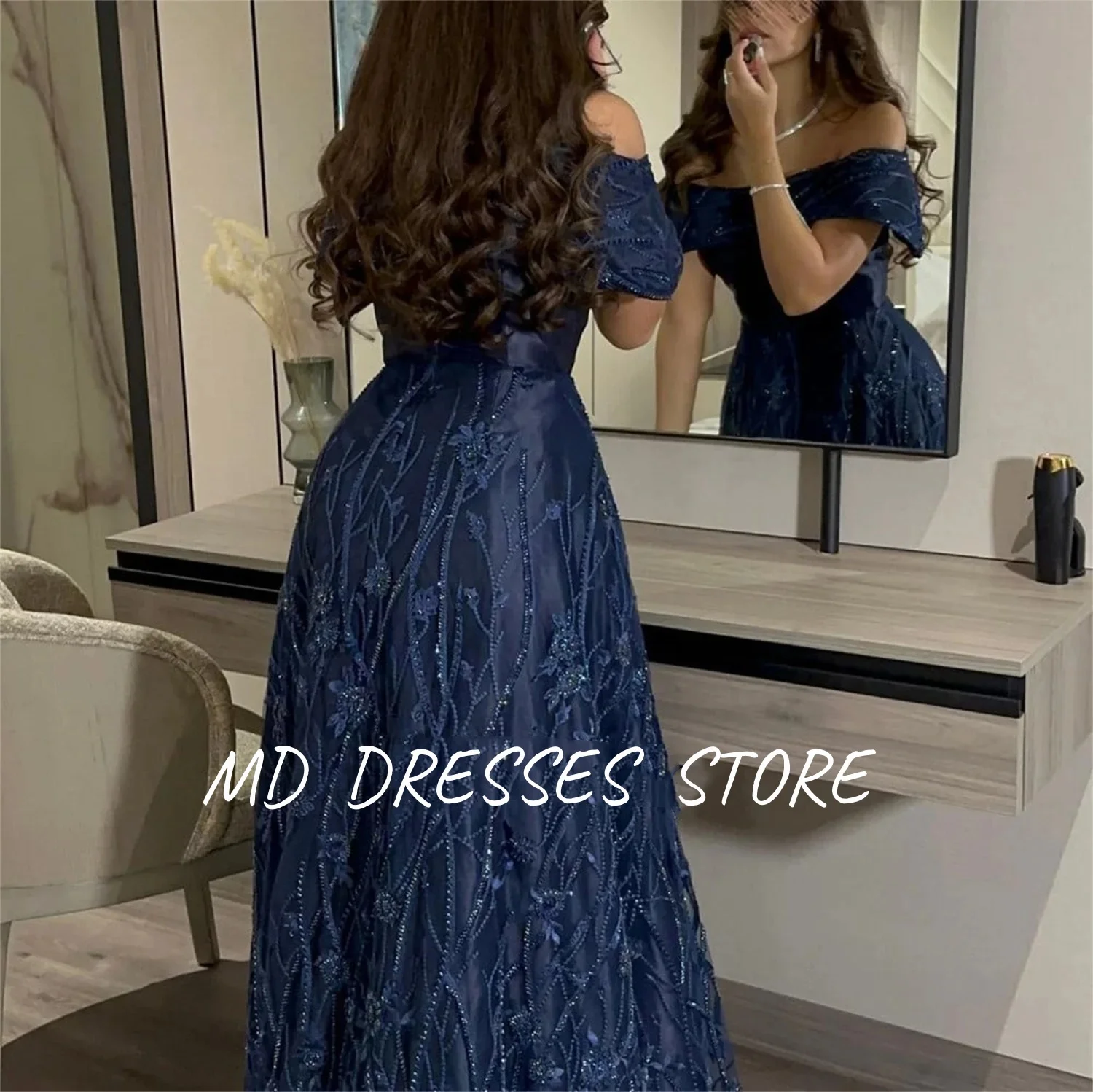 MD Modern Navy Blue Evening Gown A-line Off the Shoulder Floor-Length Beading Tulle Prom Down vestidos de fiesta Customised 2025