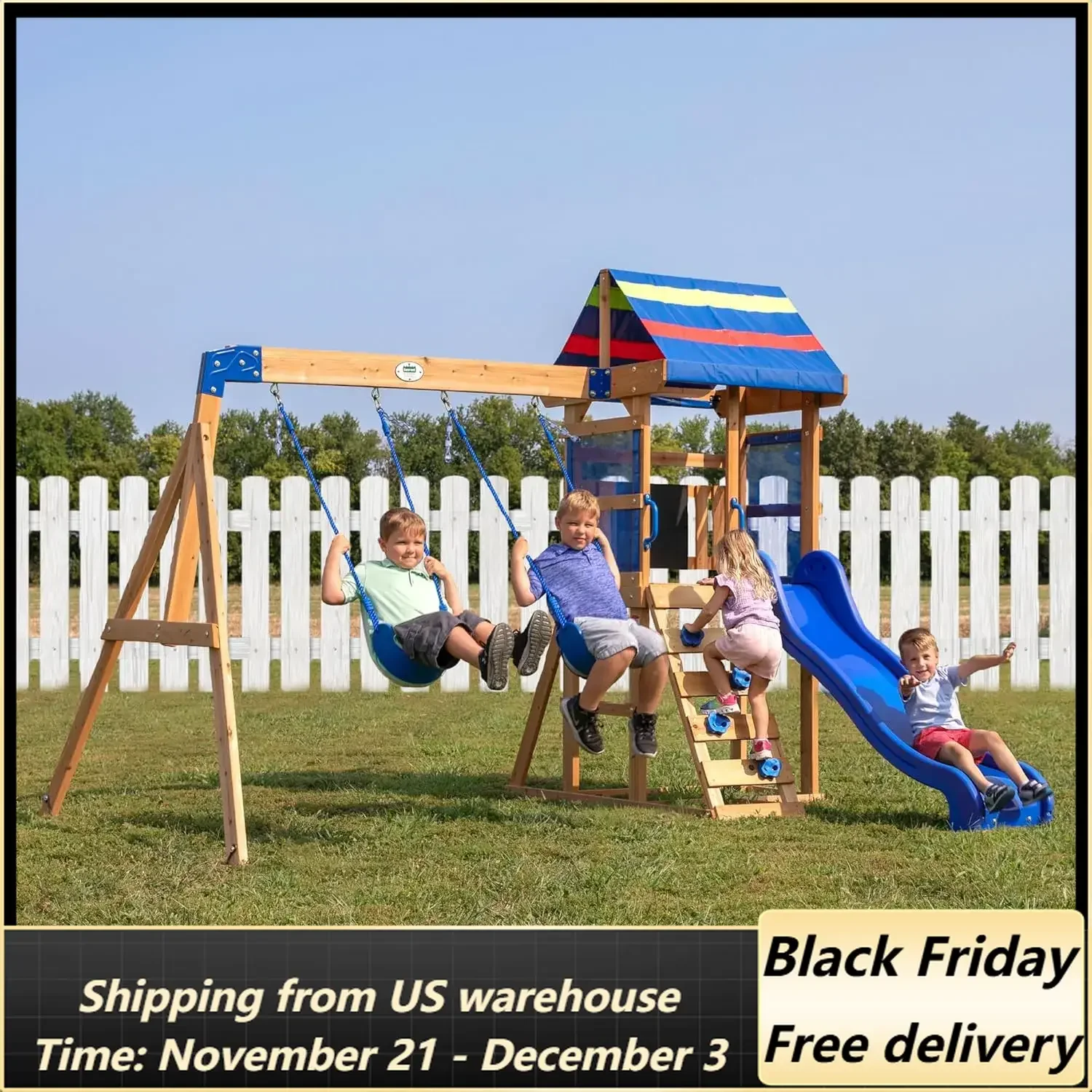 Bay Pointe All Cedar Wooden Swing Set, Large Upper Deck with Canopy, Sandbox, Rock Wall, Slide, Two Swings,