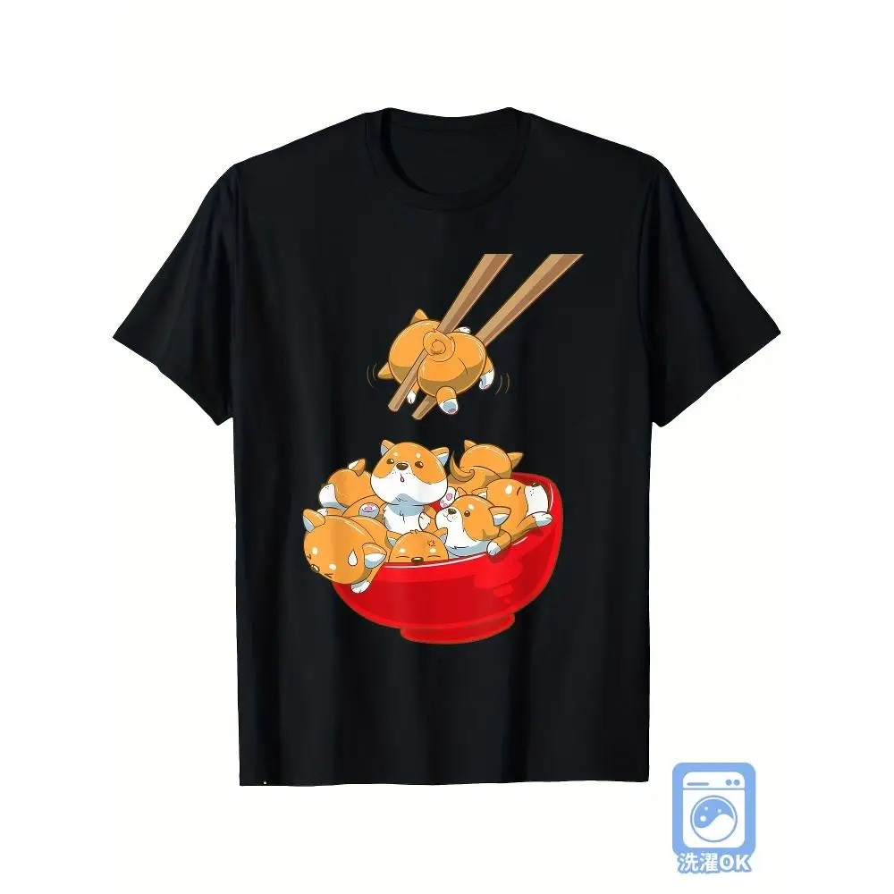 Shiba Inu Ramen Bowl Print Casual T Shirt Breathable Short Sleeve Crew Neck Machine Washable Daily Wear Summer Cotton