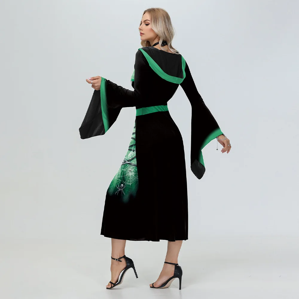 فساتين الهالوين النسائية بتصميم الهيكل العظمي مع غطاء للرأس لحفلات الساحرات موضة 2025، زي عرقي للعروض المسرحية لموسم الخريف