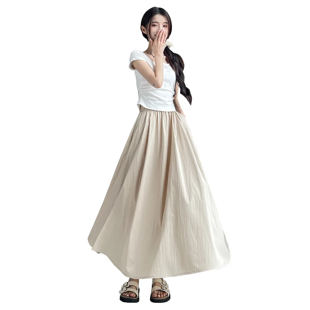 Ice Silk Pleated Skirt Women\'s Summer Thin High Waist Mid-Length Umbrella Skirt Lazy Wind Draped Pleated Casual Skirt