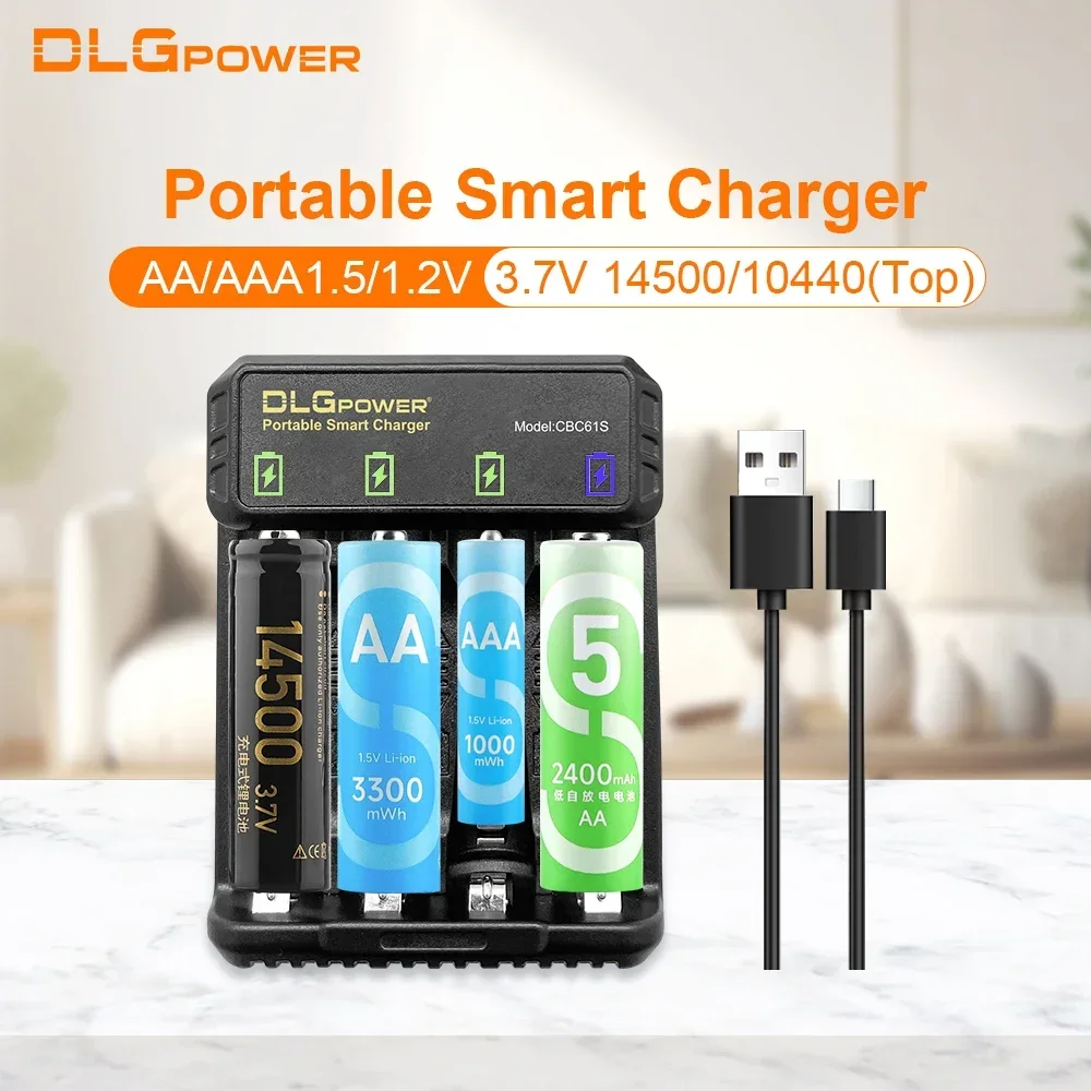 DLGpower 4-bay battery charger can recharge 1.2V NI-MH/NI-CD/1.5V LI-ION and 3.7V 14500/10440 batteries.