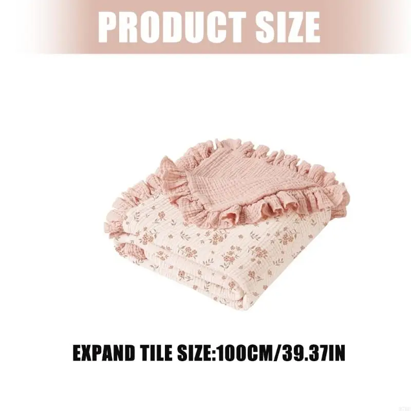 97BE 100x90cm Floral Trim Infant Swaddles Blanket Cotton Fabric for Strollers or Crib