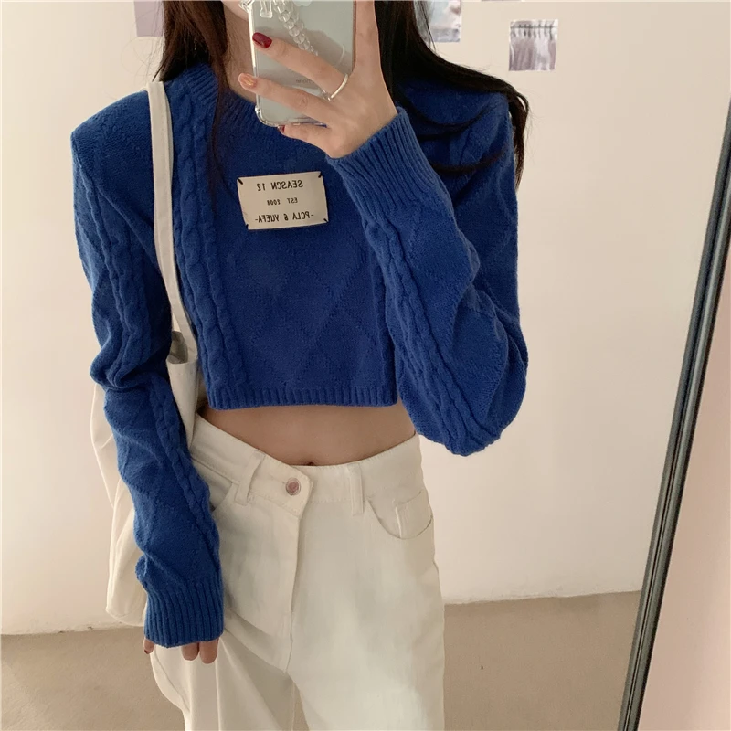 Korean Short Long Sleeved Knitted Sweater Cute Pullover Twist Sweaters Women Fashion Multi Color Sweater Black Crop Top