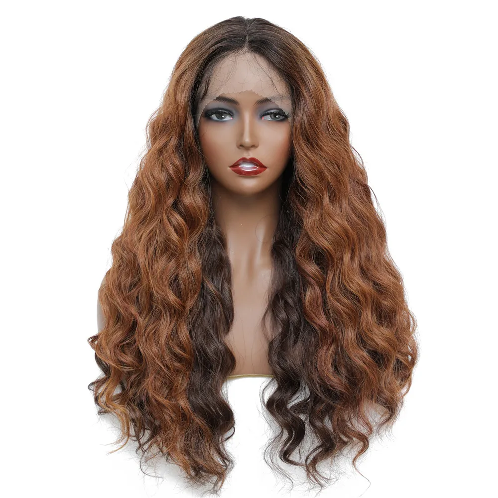 X-TRESS Honey Brown Synthetic Lace Front Wig Ombre Color Long Loose Wave Middle Part Lace Wigs With Baby Hair for Black Women