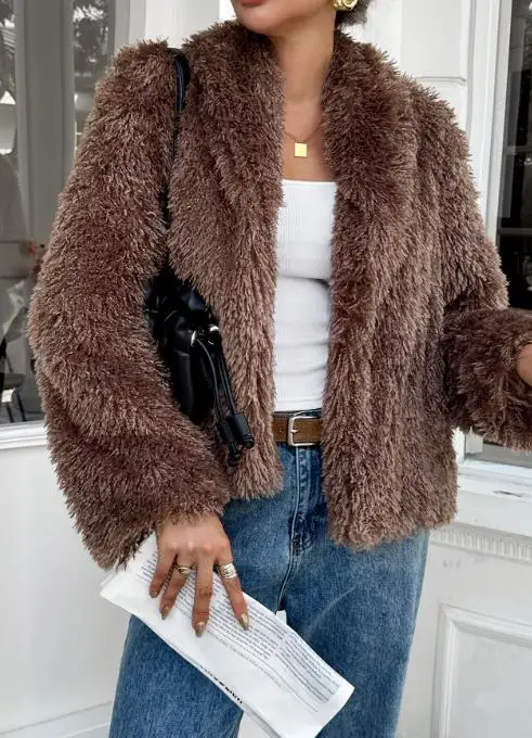 Cappotto casual a maniche lunghe in peluche autunno e inverno 2025, cappotto corto in lana di agnello caldo e lussuoso alla moda in tinta unita da donna