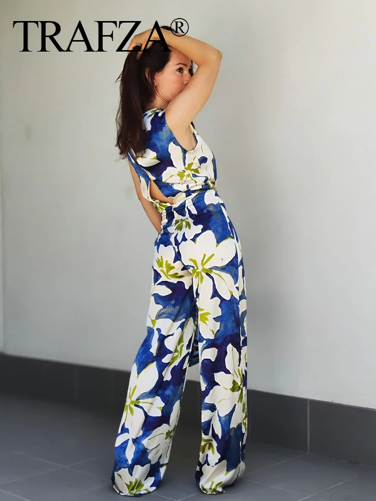 TRAF 2024 Summer Woman\'s Fashion Chic Blue Floral O-Neck Sleeveless Hollow Out Zipper Female Bohemian Wide Leg Loose Jumpsuit