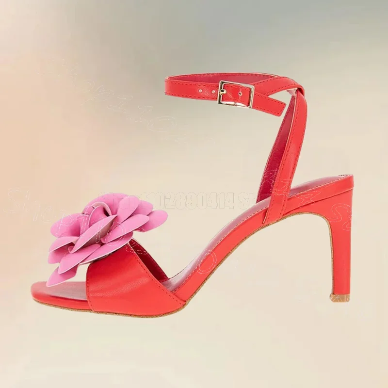 Rose Red Appliques Design Open Toe Sandals Buckle Strap Women Shoes Thin High Heels Party Feast Dating 2025 Zapatos Para Mujere