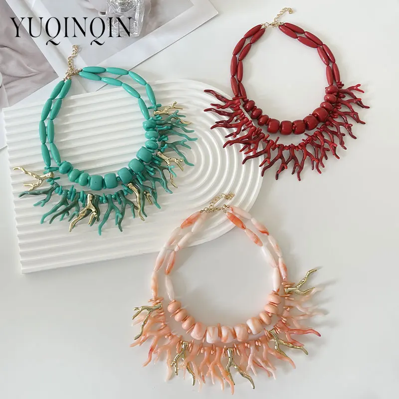 New Vintage Retro Bohemian Long Necklaces for Women Multilayer Red Coral Beads Thick Chain Pendant Necklace Big Fashion Jewelry