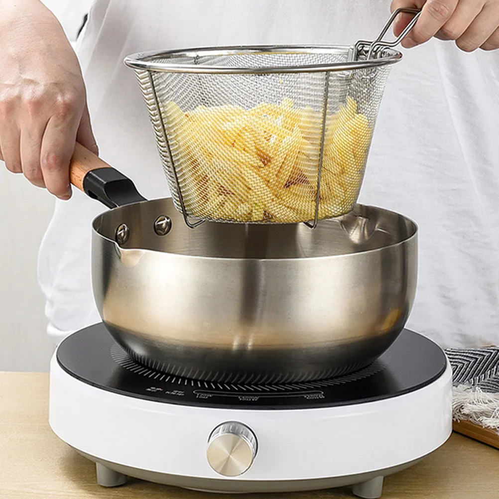 

Stainless Steel Frying Basket Oil Drainer Food Strainer Hot Pot Cooking Tool Ergonomic Handle Dense Drain Holes Foldable Mesh