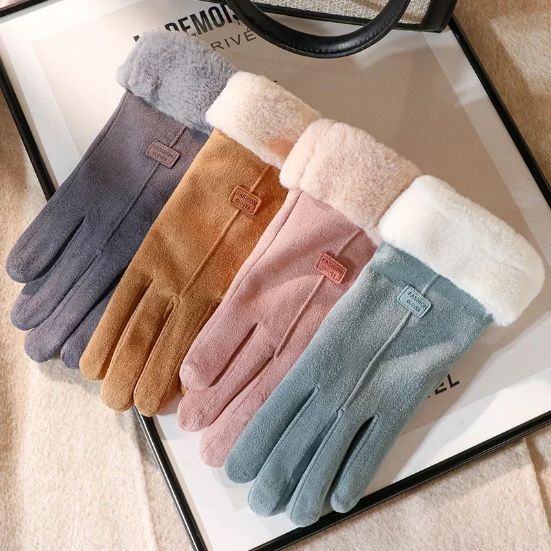 Gants chauds en fourrure pour femmes, mitaines à doigts complets, mitaines mignonnes, sports de plein air, écran féminin, nouvelle mode, automne, hiver, 2024