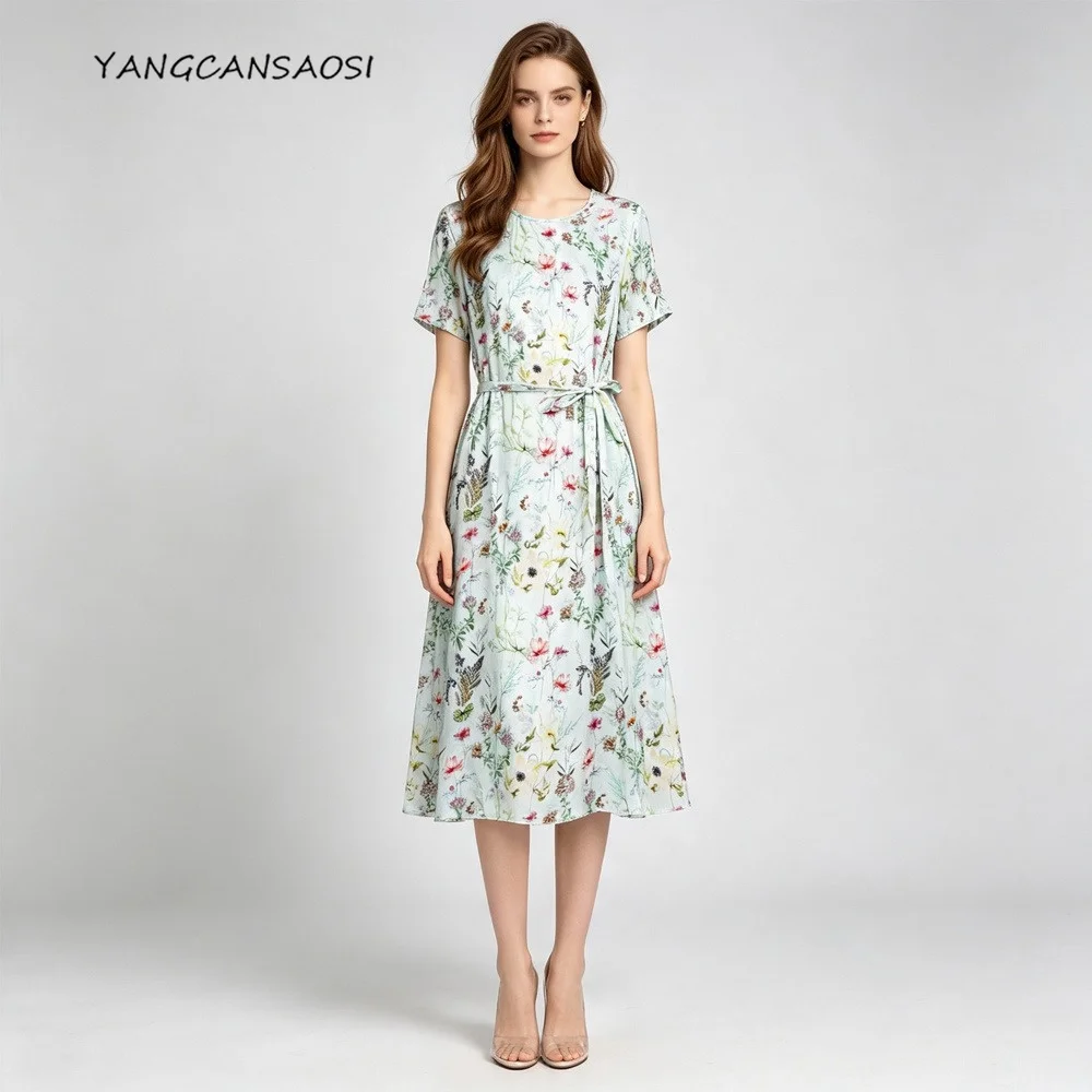 Vestido de Verano Casual para Mujer 2026, 100% Seda de Morera Natural, Satén Liso, Verde Agua, Estampado, Cuello Redondo, Manga Corta