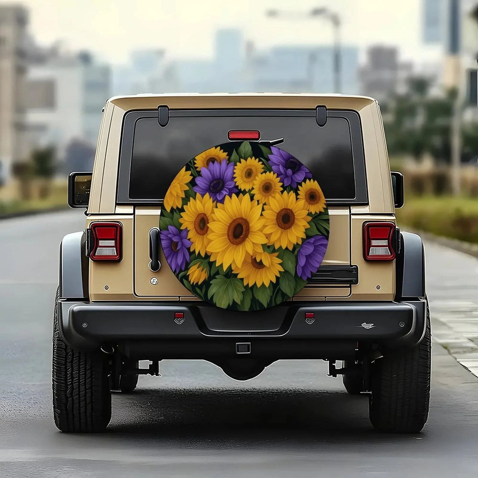 1pc Sunflower Bouquet Wheel Cover With Black Center - Fit Car Tire, Yellow Purple Brown Beige Sunflowers & Green Foliage Design,