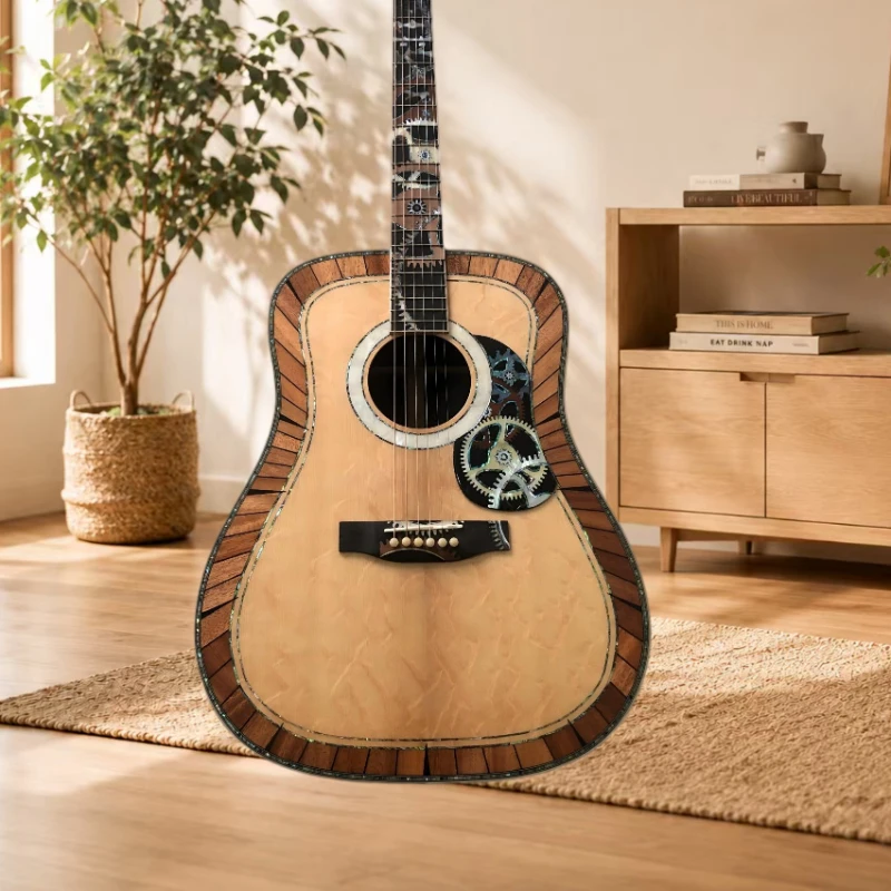 D Type 200 Steampunk Gear Inlay Acoustic Guitar Bearclaw Spruce Top with Abalone Binding for Folk & Fingerstyle Free Shipping
