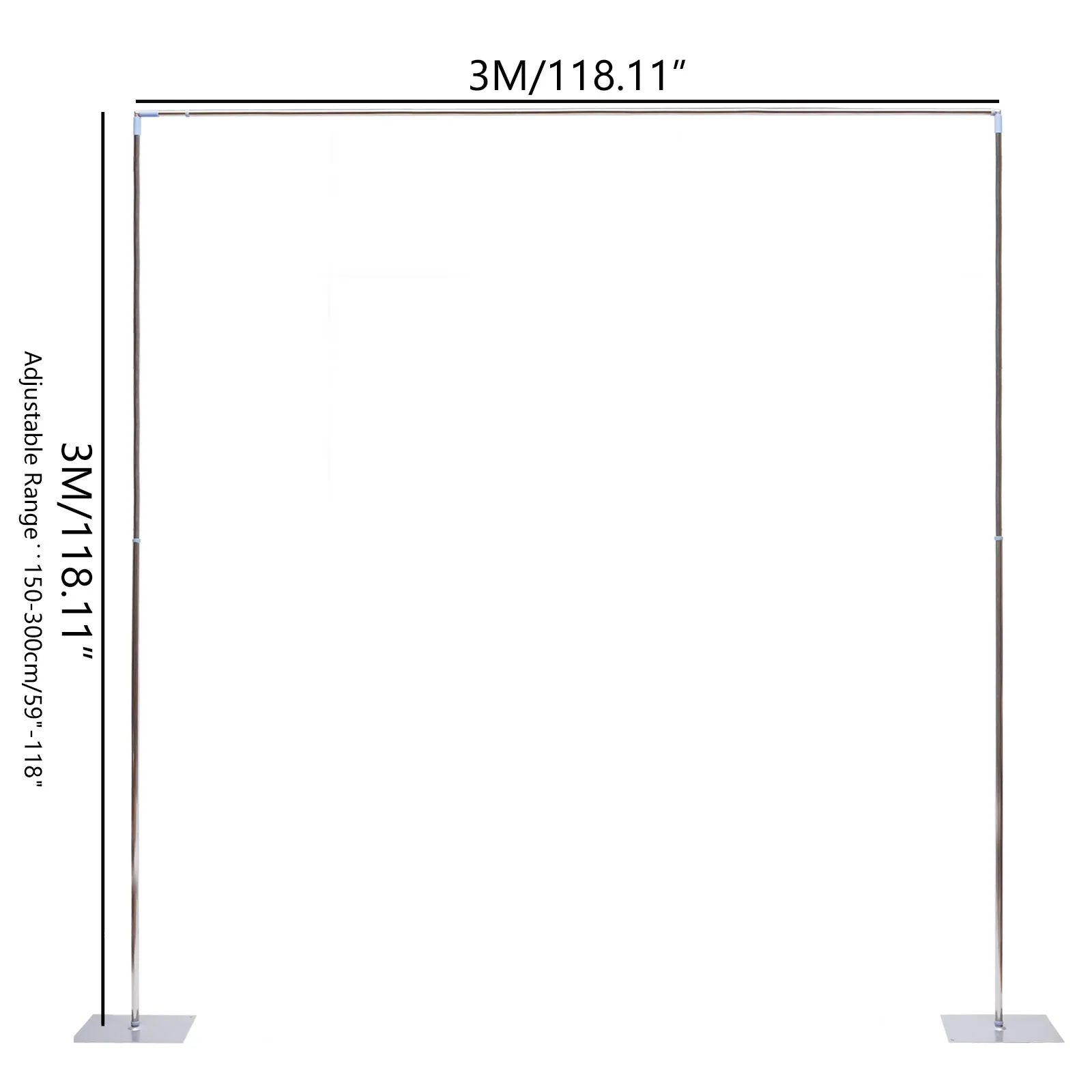 Kit de tuyau de support de toile de fond d'arc carré d'acier inoxydable avec des bases, cadre de rideau argenté pour la fête de mariage, télescopique, 3m x 3m