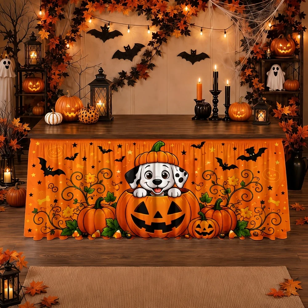 Party tablecloth and table skirt - 1 piece - Halloween pumpkin dog bat flower swirl orange - suitable for home usezyc