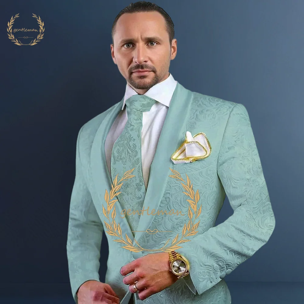 Hochzeit Blazer Herren Anzug Einreiher Schal Revers weiß Jacquard Stoff 2 Stück Set Jacke Hosen elegantes Bräutigam Outfit 2024