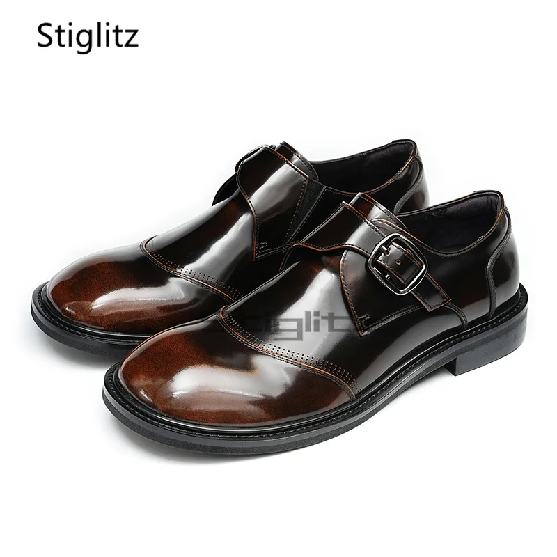 

Мужские деловые кожаные туфли с металлической пряжкой, яркие модельные туфли из коровьей кожи с круглым носком, повседневные туфли без шнуровки для офисной вечеринки, мужские туфли