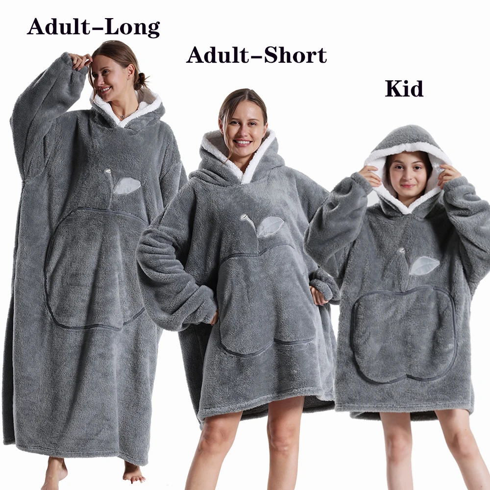 New Winter Family Matching Outfits Thick Hooded Wearable Blankets Mother Kids Flannel Hoodies Women Child Oversized Sweatshirts