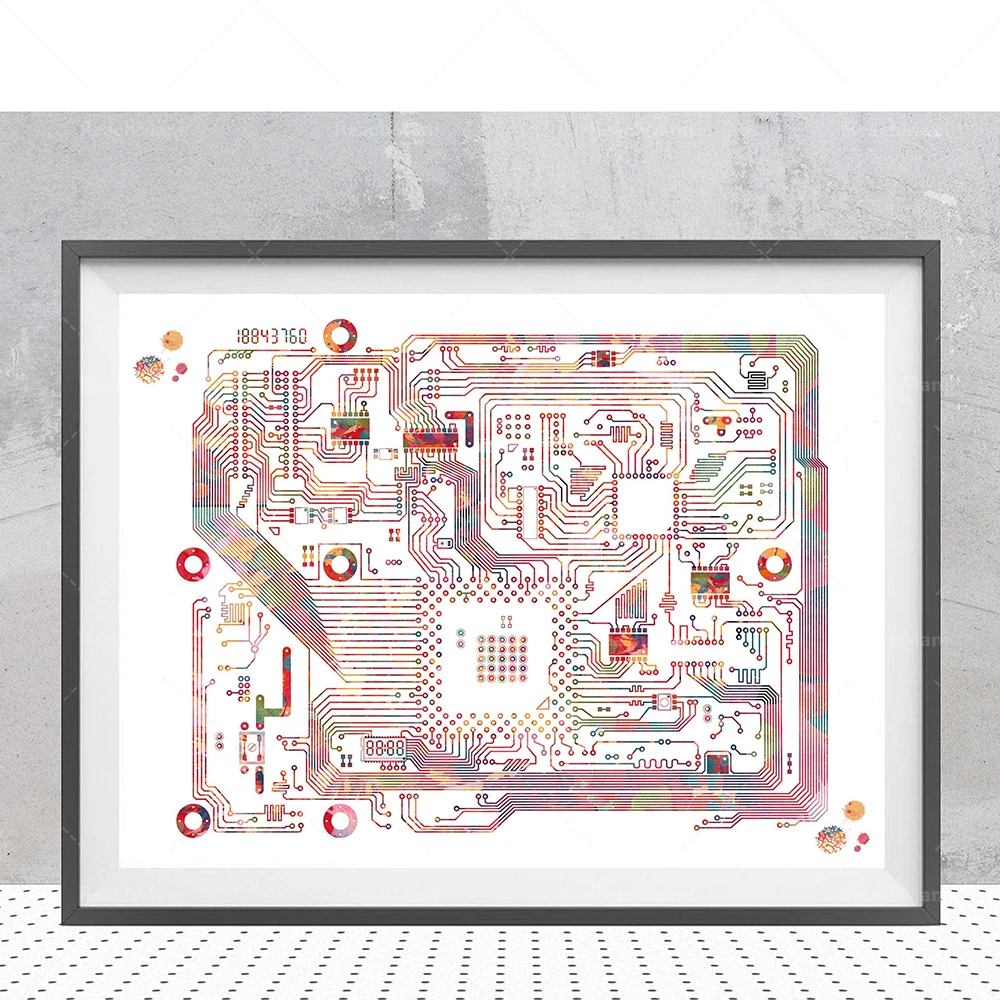 Circuit board science art watercolor computer science art electronics motherboard with chips poster