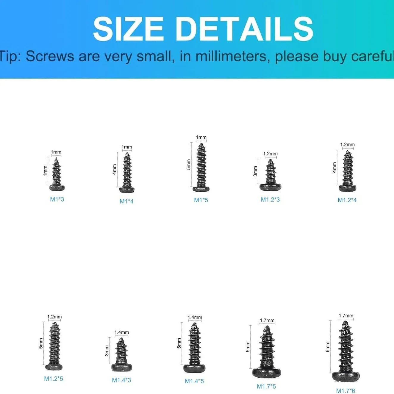 1000Pcs Black Cross Head Micro Screws Self Tapping Screw Combination Set M1 M1.7