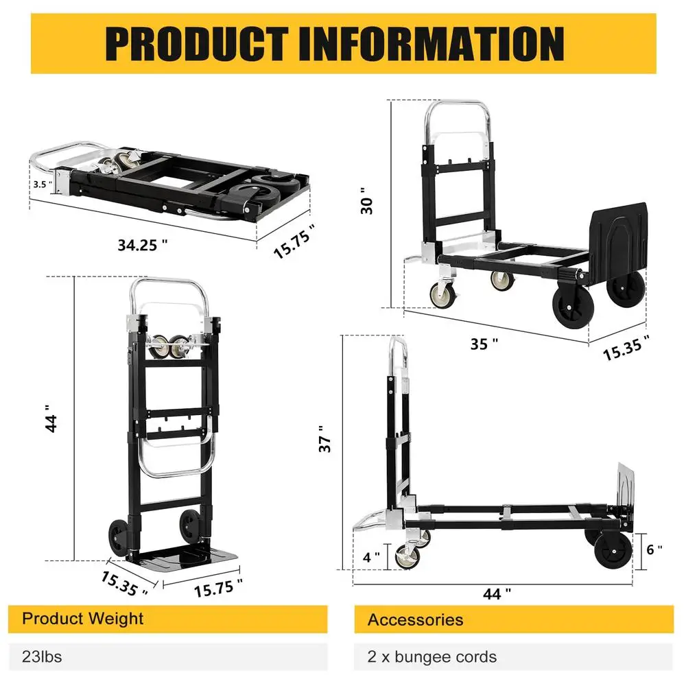 2024 Heavy Duty Folding Hand Truck Dolly 660lbs Capacity 3 in 1 Telescoping Handle Rubber Wheels Transport Cart with Elastic