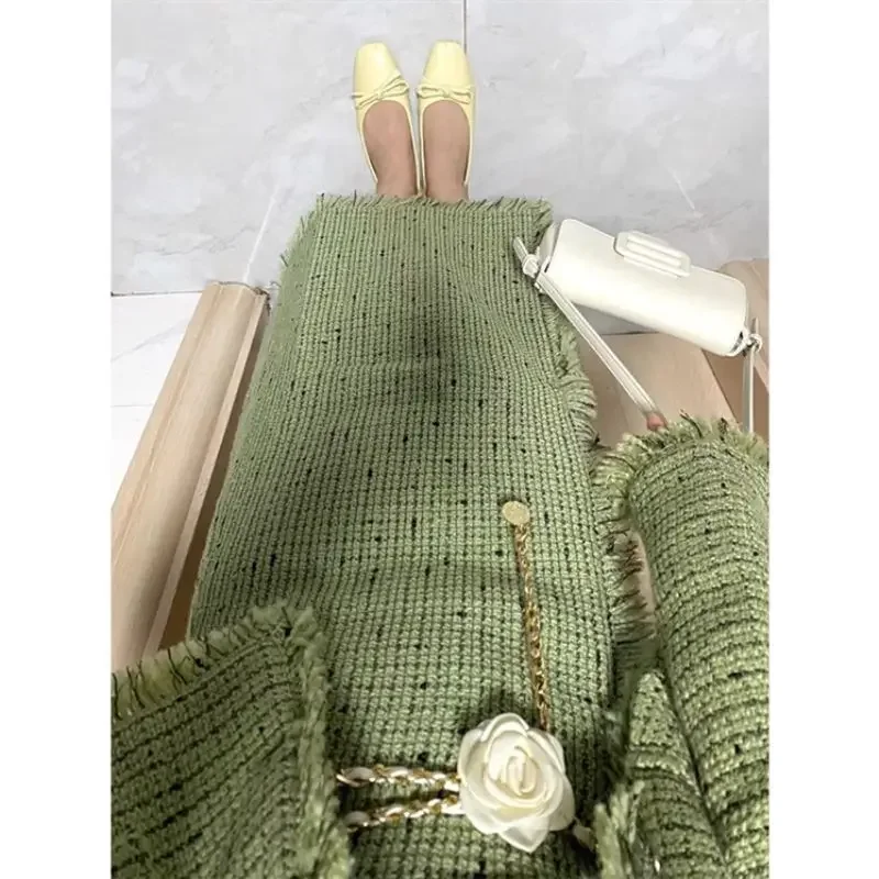 Women\'s Fragrant Style Short Thick Tweed Blazers Half Skirt Set Vintage Plaid Fringe Round Neck Suit Half Skirt Two Piece Sets