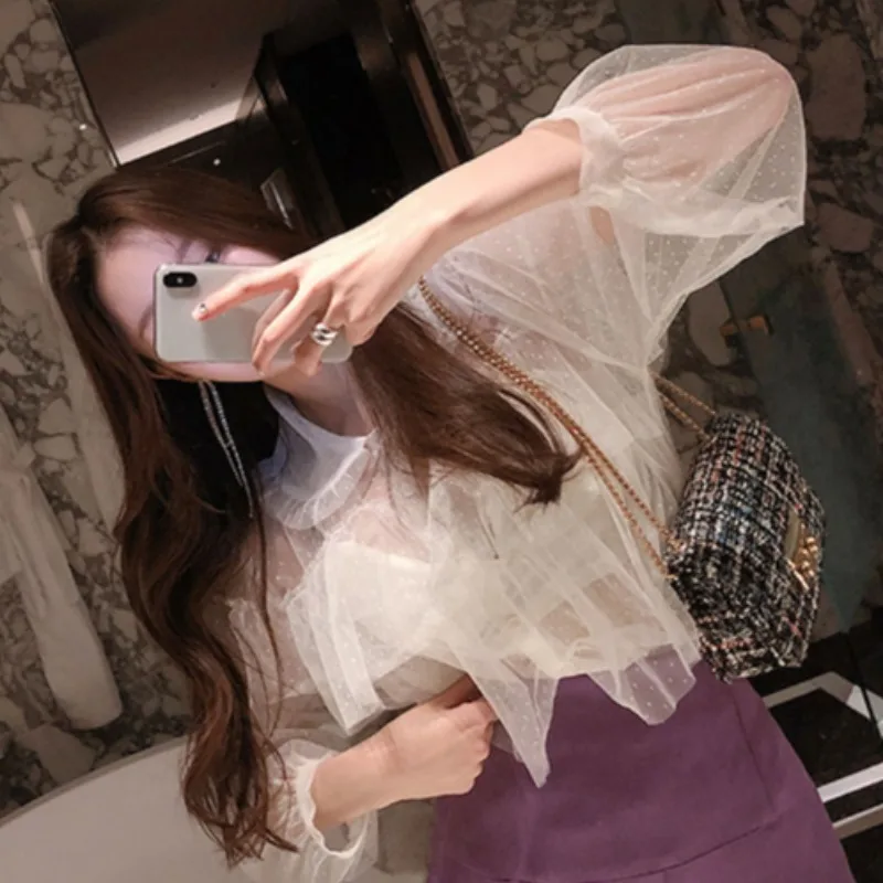 Sweet Sexy  Strap Vest Mesh Shirt Set See through Korean Style Women's Sweater Inner Wear Suitable for Various Occasions