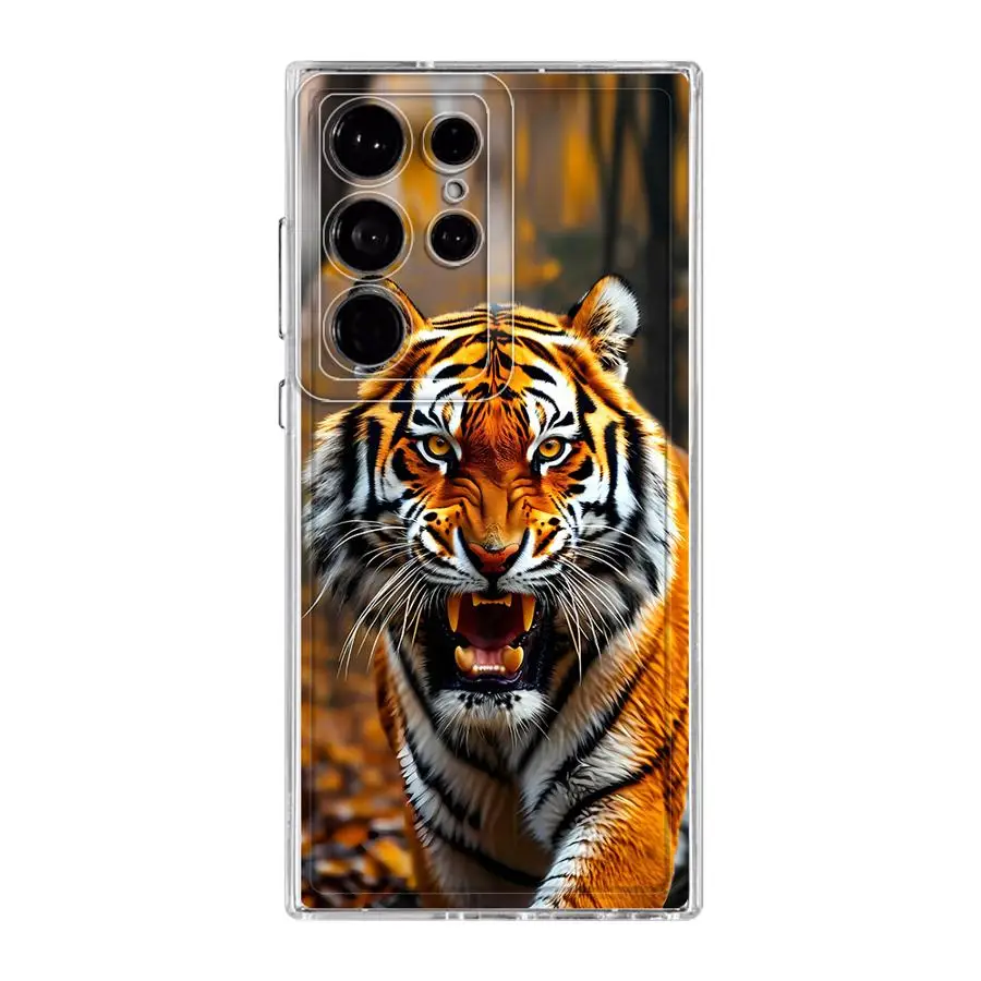 サムスン Galaxy S24 FE S20 S10 Plus S21 Note 10 20 Ultra S23 S25 Ultra S22用 タイガーライオンケース クリアカバー