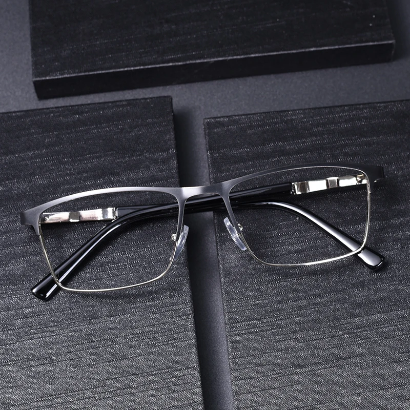 Schwarzer Rahmen, zweifarbige Metall-Presbyopie-Brille mit Federbügel, Lesebrille, Anti-Blaulicht-Business-Brille für Herren +175+2