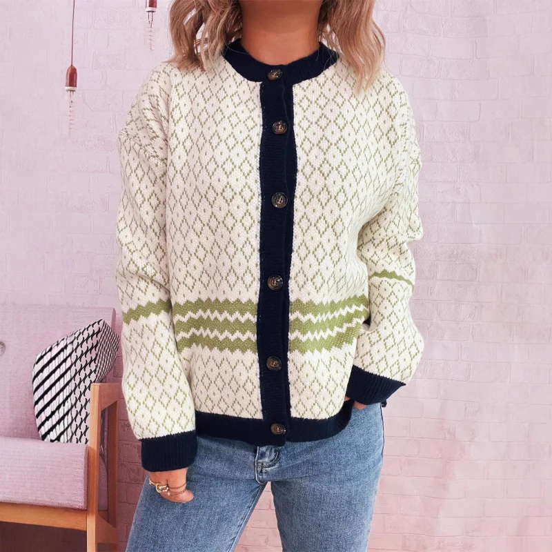 

Осень-зима винтажный вязаный свитер с цветными блоками и круглым вырезом с длинными рукавами, кардиган, повседневный женский